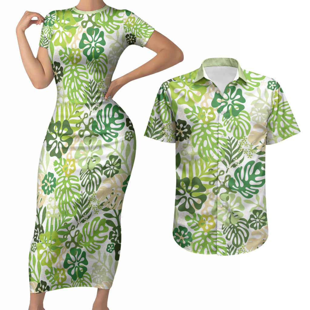 Green Aloha Hawaiian Couples Matching Short Sleeve Bodycon Dress and Hawaiian Shirt Monstera Hibiscus Tropical Pattern