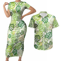 Green Aloha Hawaiian Couples Matching Short Sleeve Bodycon Dress and Hawaiian Shirt Monstera Hibiscus Tropical Pattern