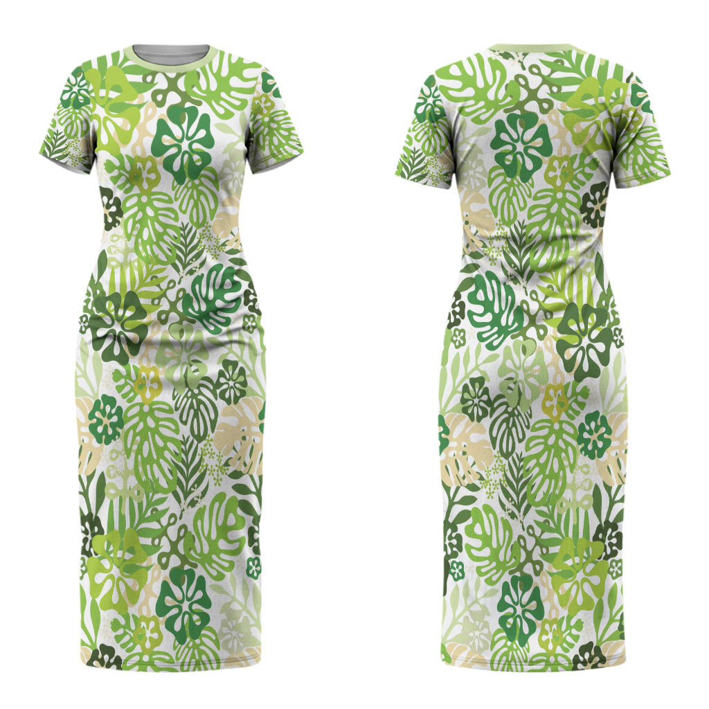 Green Aloha Hawaiian Couples Matching Short Sleeve Bodycon Dress and Long Sleeve Button Shirt Monstera Hibiscus Tropical Pattern