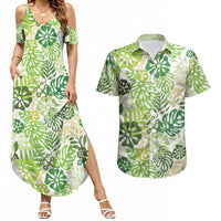 Green Aloha Hawaiian Couples Matching Summer Maxi Dress and Hawaiian Shirt Monstera Hibiscus Tropical Pattern