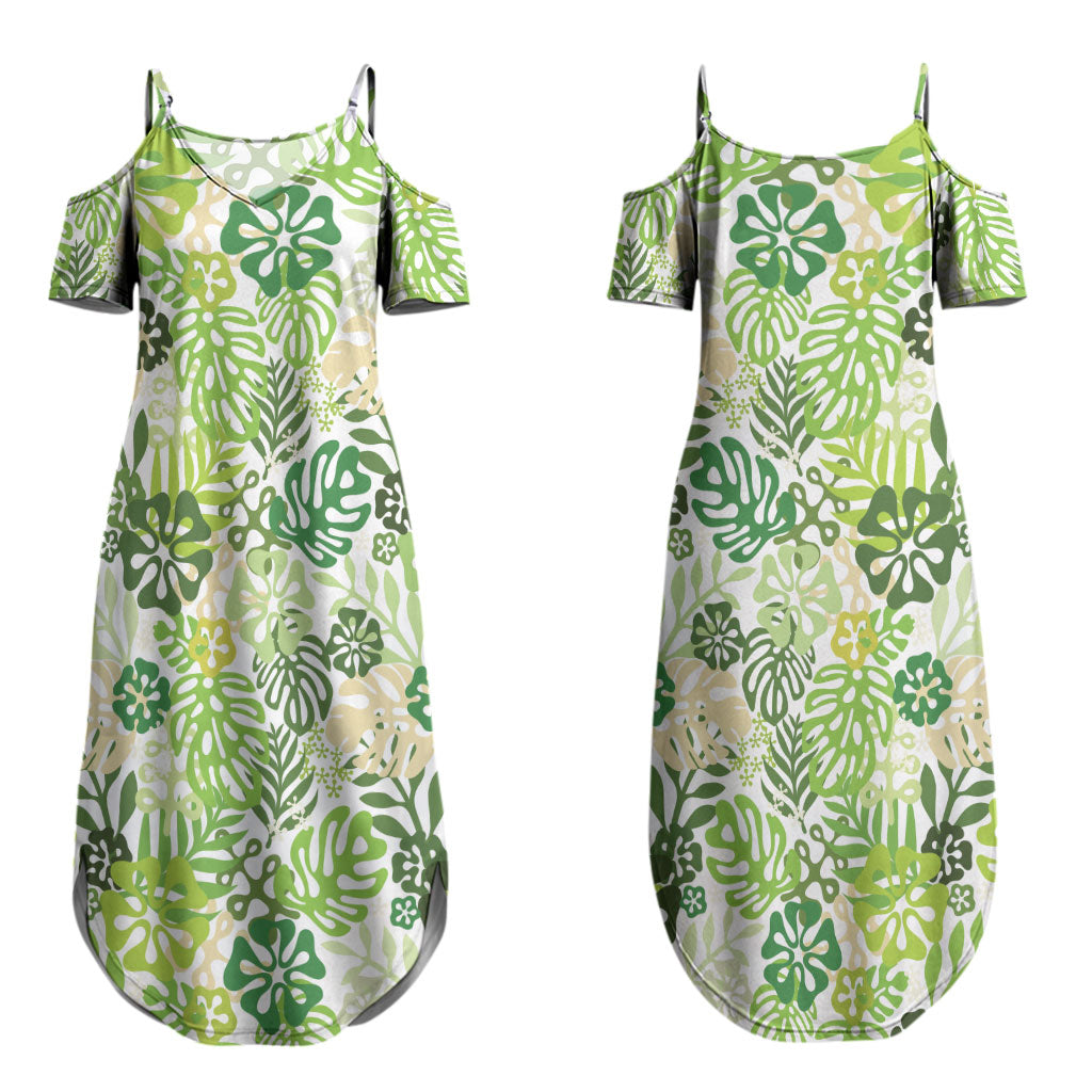Green Aloha Hawaiian Couples Matching Summer Maxi Dress and Long Sleeve Button Shirt Monstera Hibiscus Tropical Pattern