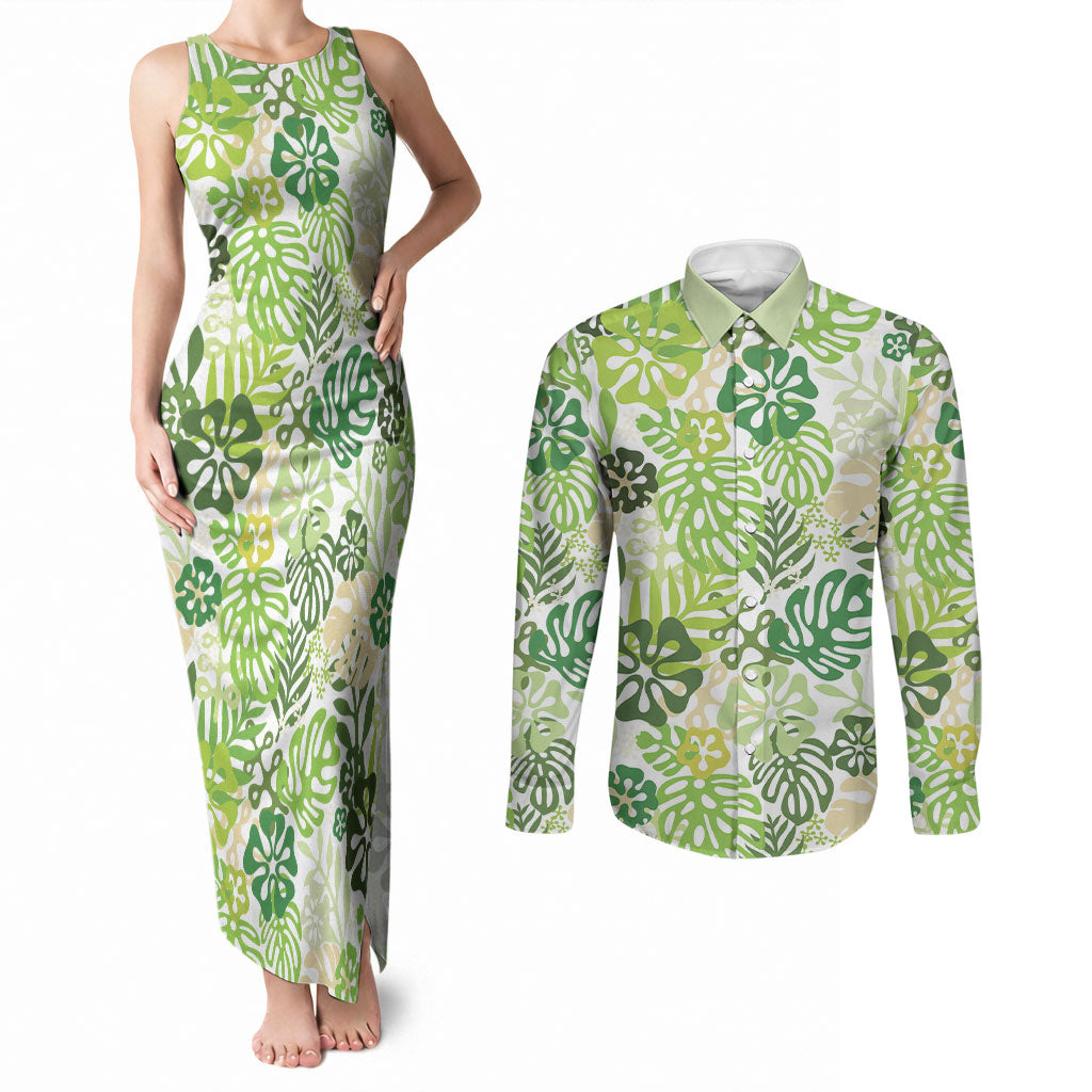 Green Aloha Hawaiian Couples Matching Tank Maxi Dress and Long Sleeve Button Shirt Monstera Hibiscus Tropical Pattern