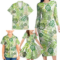 Green Aloha Hawaiian Family Matching Long Sleeve Bodycon Dress and Hawaiian Shirt Monstera Hibiscus Tropical Pattern