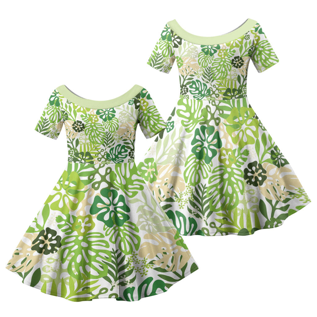 Green Aloha Hawaiian Family Matching Long Sleeve Bodycon Dress and Hawaiian Shirt Monstera Hibiscus Tropical Pattern