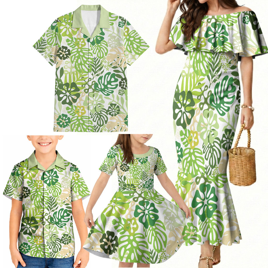 Green Aloha Hawaiian Family Matching Mermaid Dress and Hawaiian Shirt Monstera Hibiscus Tropical Pattern