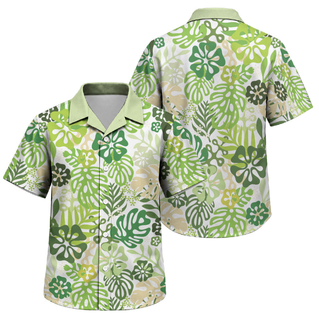Green Aloha Hawaiian Family Matching Mermaid Dress and Hawaiian Shirt Monstera Hibiscus Tropical Pattern
