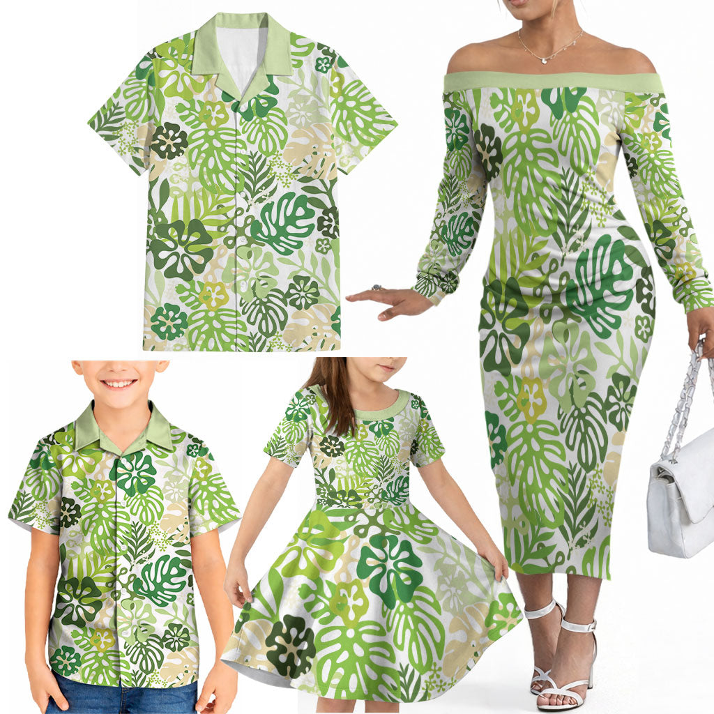 Green Aloha Hawaiian Family Matching Off The Shoulder Long Sleeve Dress and Hawaiian Shirt Monstera Hibiscus Tropical Pattern