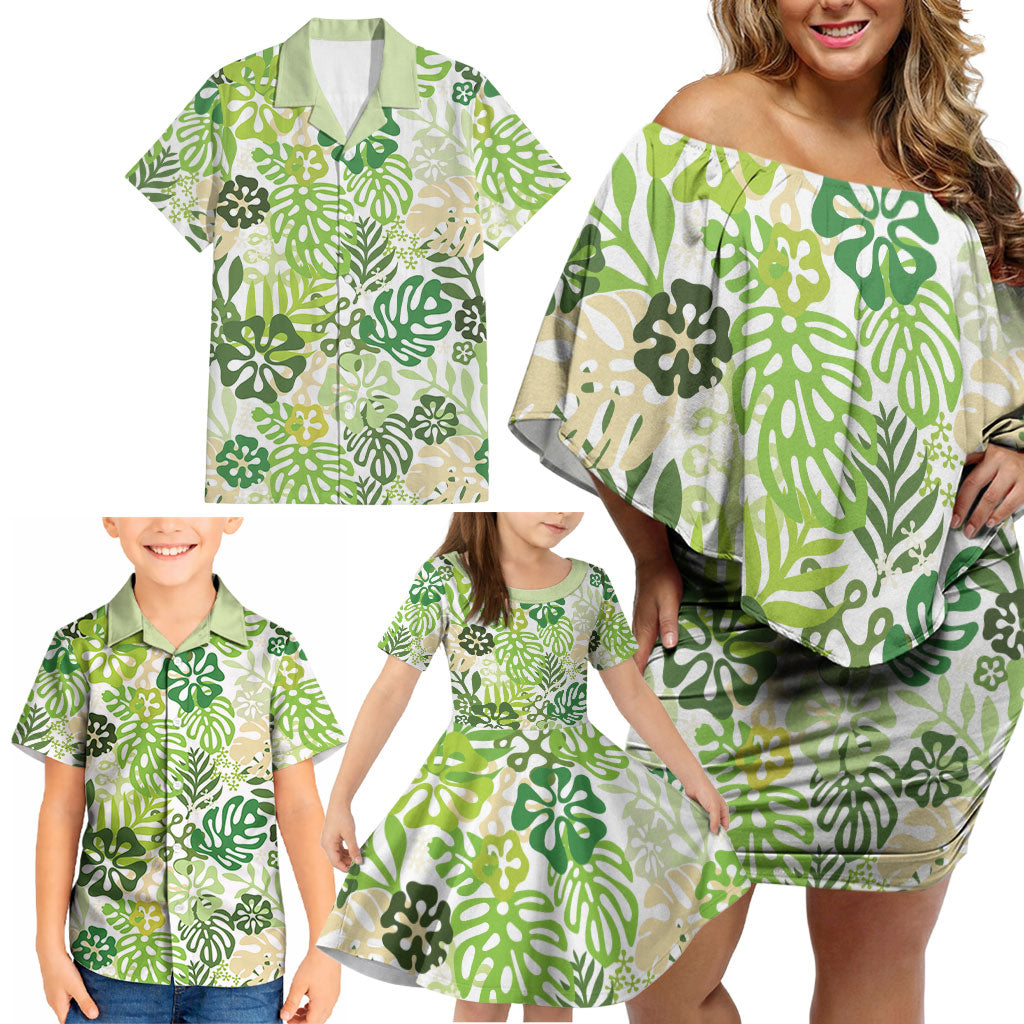 Green Aloha Hawaiian Family Matching Off Shoulder Short Dress and Hawaiian Shirt Monstera Hibiscus Tropical Pattern