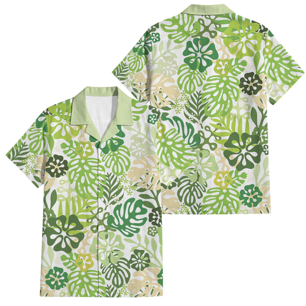 Green Aloha Hawaiian Family Matching Off Shoulder Short Dress and Hawaiian Shirt Monstera Hibiscus Tropical Pattern