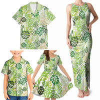 Green Aloha Hawaiian Family Matching Tank Maxi Dress and Hawaiian Shirt Monstera Hibiscus Tropical Pattern