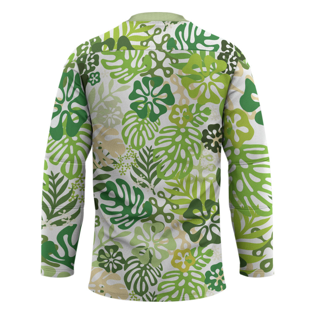 Green Aloha Hawaiian Hockey Jersey Monstera Hibiscus Tropical Pattern