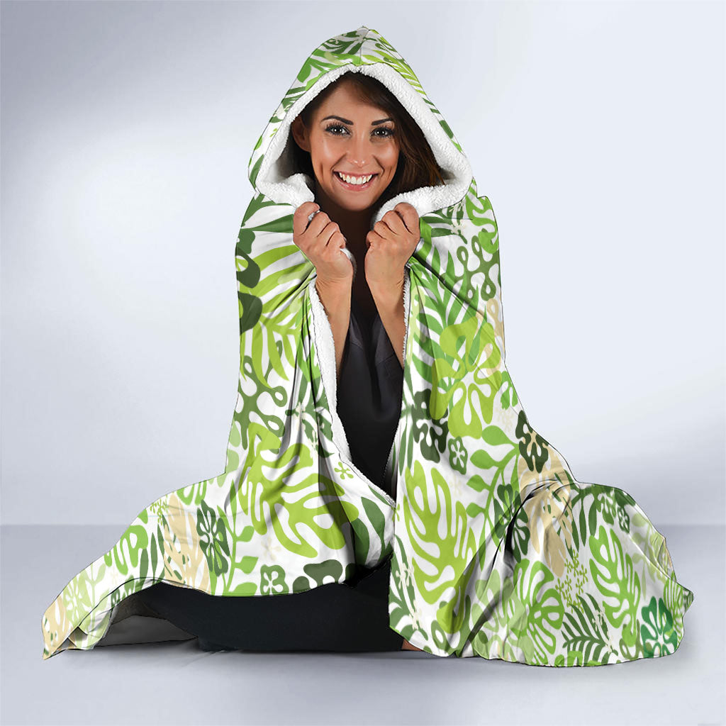 Green Aloha Hawaiian Hooded Blanket Monstera Hibiscus Tropical Pattern