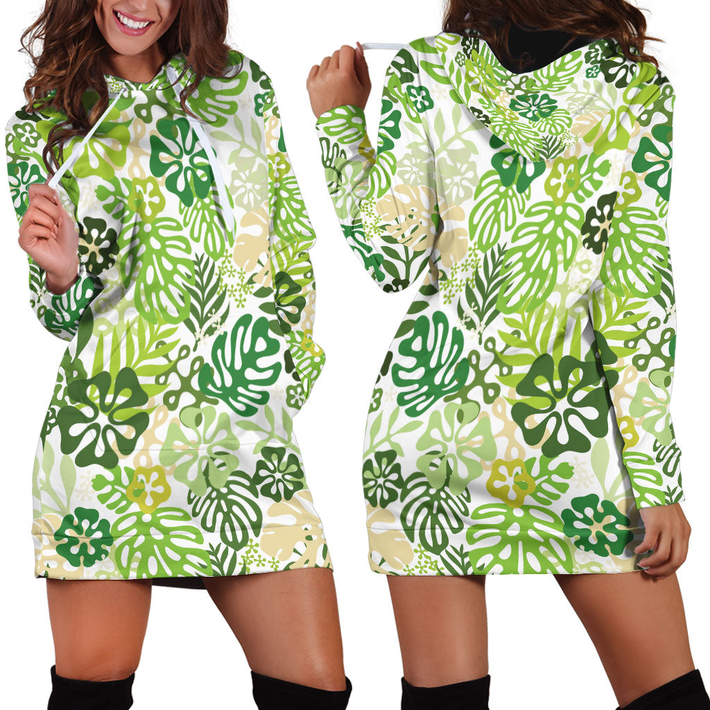 Green Aloha Hawaiian Hoodie Dress Monstera Hibiscus Tropical Pattern