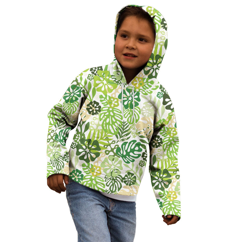 Green Aloha Hawaiian Kid Hoodie Monstera Hibiscus Tropical Pattern