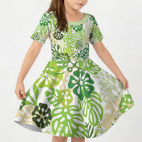Green Aloha Hawaiian Kid Short Sleeve Dress Monstera Hibiscus Tropical Pattern