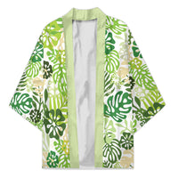 Green Aloha Hawaiian Kimono Monstera Hibiscus Tropical Pattern