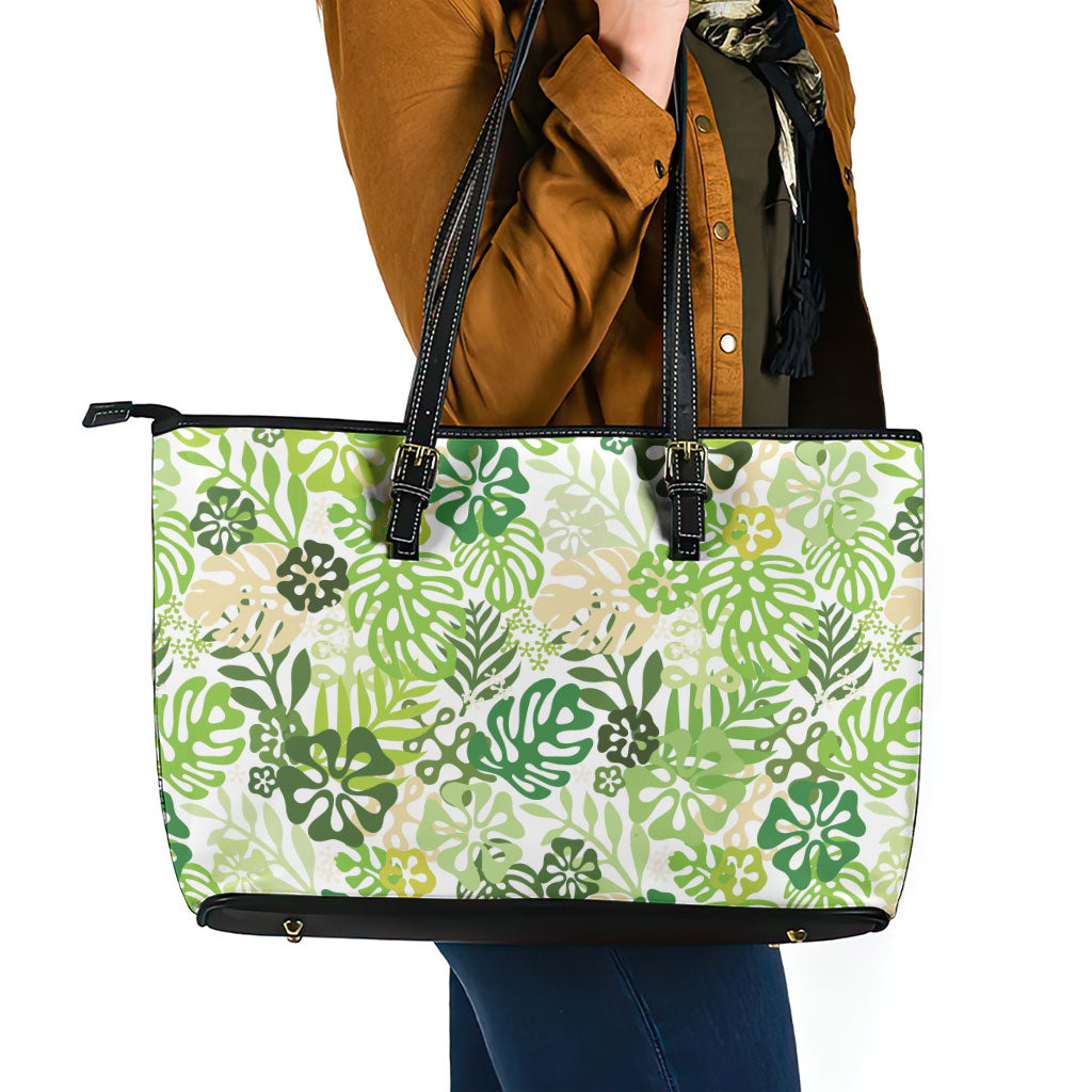 Green Aloha Hawaiian Leather Tote Bag Monstera Hibiscus Tropical Pattern