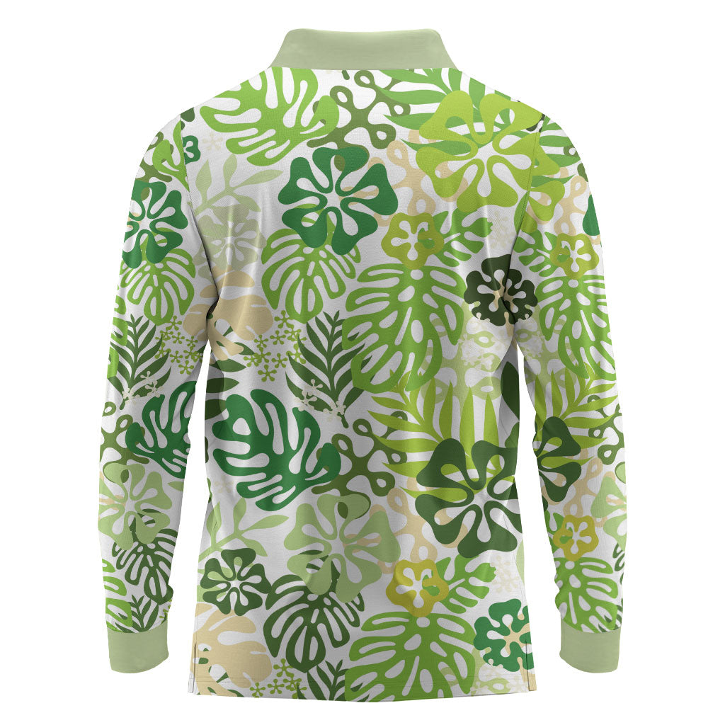 Green Aloha Hawaiian Long Sleeve Polo Shirt Monstera Hibiscus Tropical Pattern