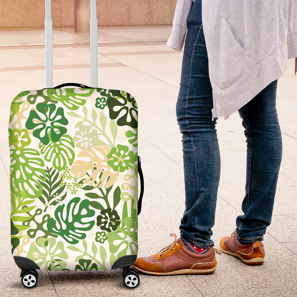 Green Aloha Hawaiian Luggage Cover Monstera Hibiscus Tropical Pattern