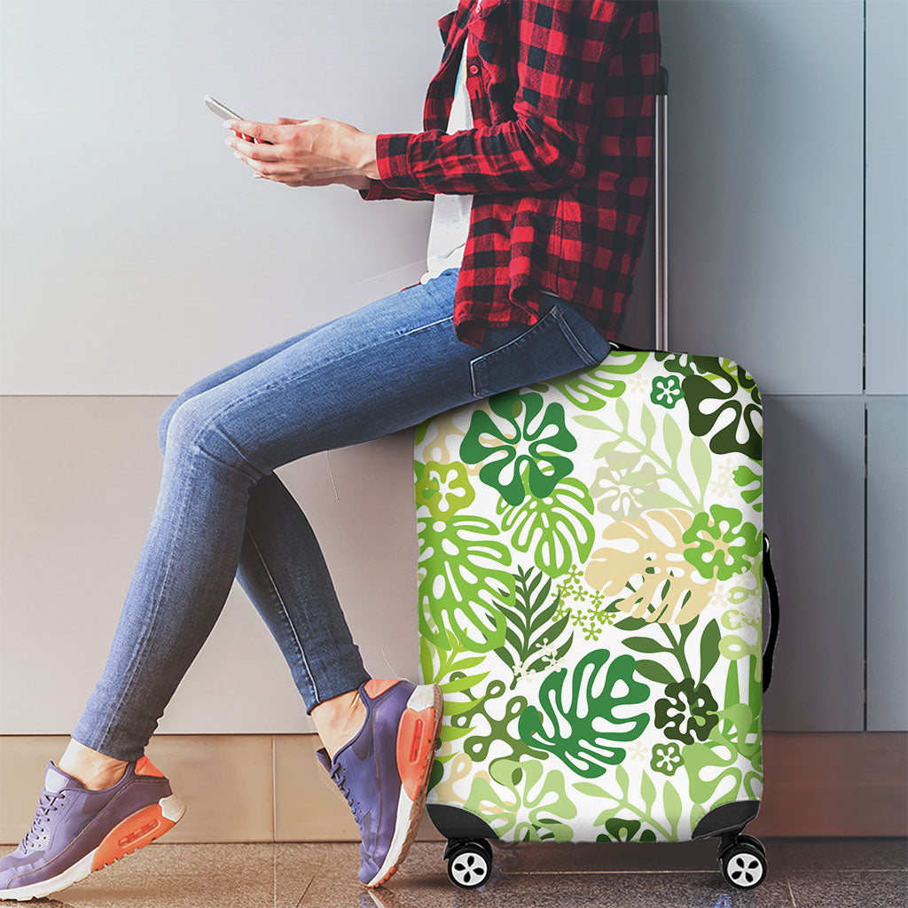 Green Aloha Hawaiian Luggage Cover Monstera Hibiscus Tropical Pattern