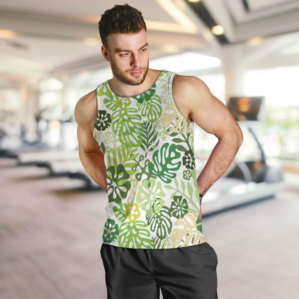 Green Aloha Hawaiian Men Tank Top Monstera Hibiscus Tropical Pattern