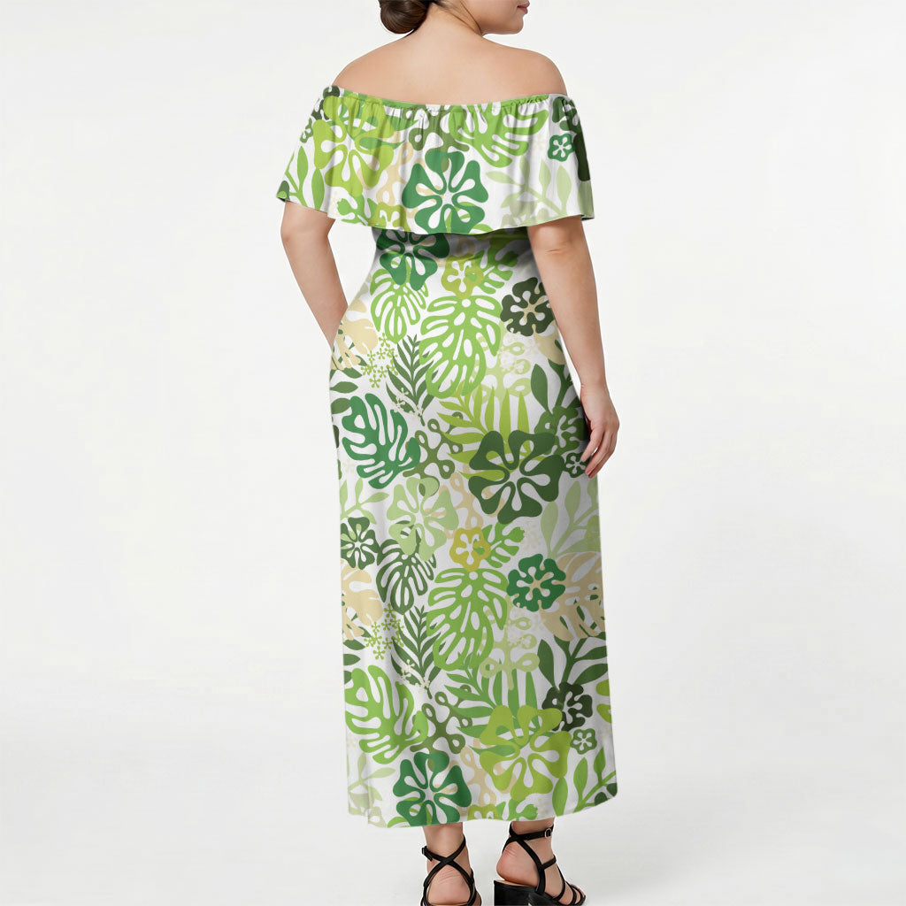 Green Aloha Hawaiian Off Shoulder Maxi Dress Monstera Hibiscus Tropical Pattern