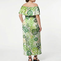 Green Aloha Hawaiian Off Shoulder Maxi Dress Monstera Hibiscus Tropical Pattern