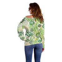 Green Aloha Hawaiian Off Shoulder Sweater Monstera Hibiscus Tropical Pattern
