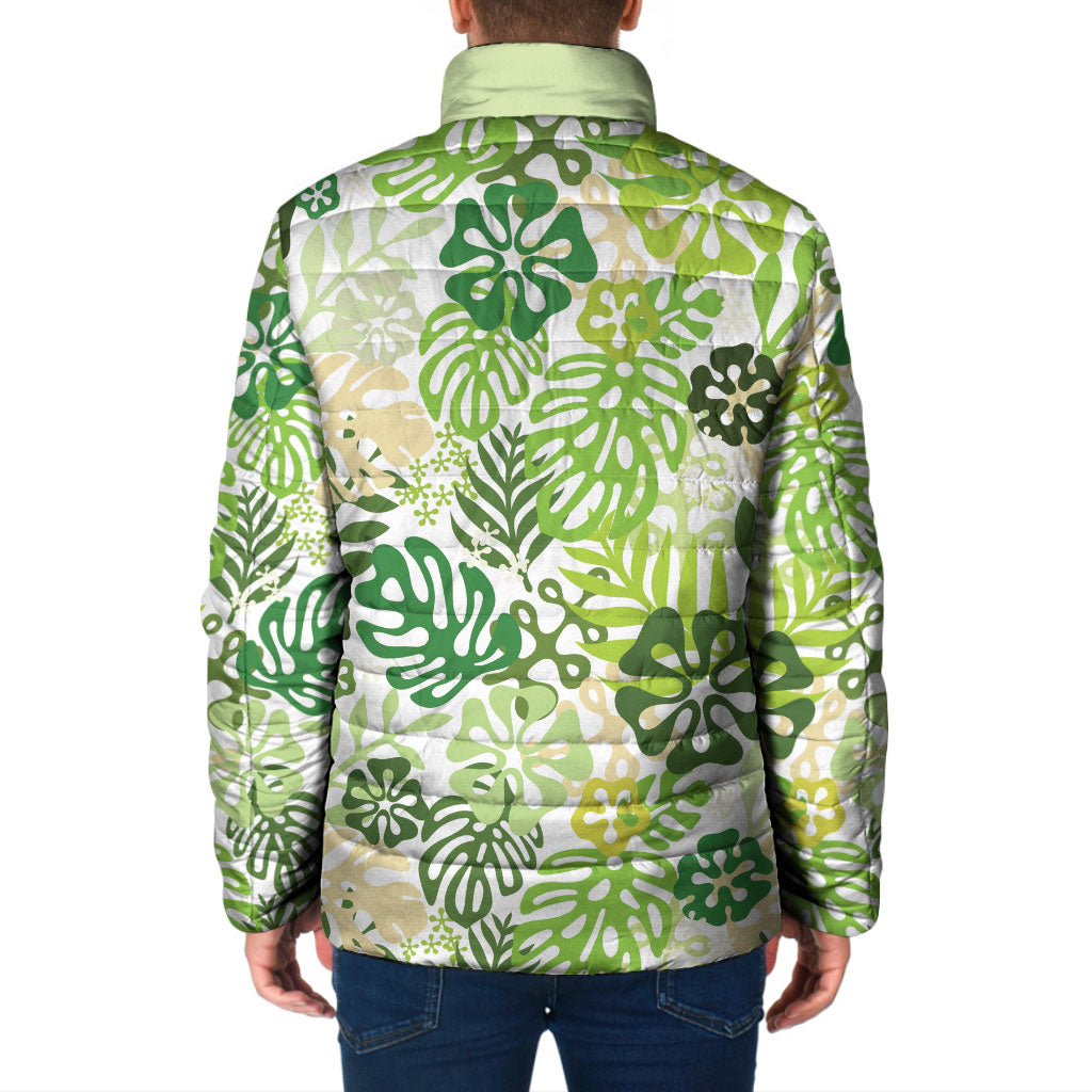 Green Aloha Hawaiian Padded Jacket Monstera Hibiscus Tropical Pattern
