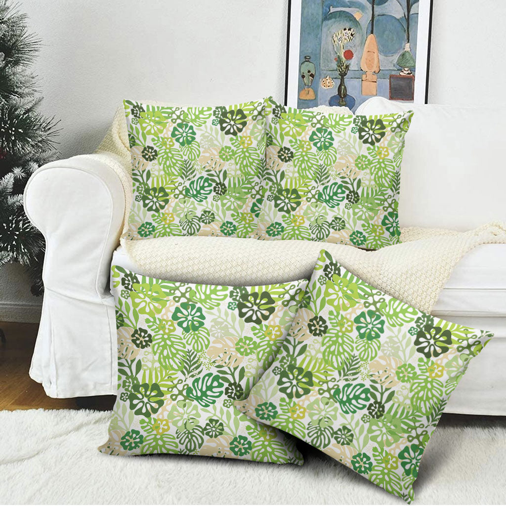 Green Aloha Hawaiian Pillow Cover Monstera Hibiscus Tropical Pattern