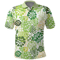 Green Aloha Hawaiian Polo Shirt Monstera Hibiscus Tropical Pattern
