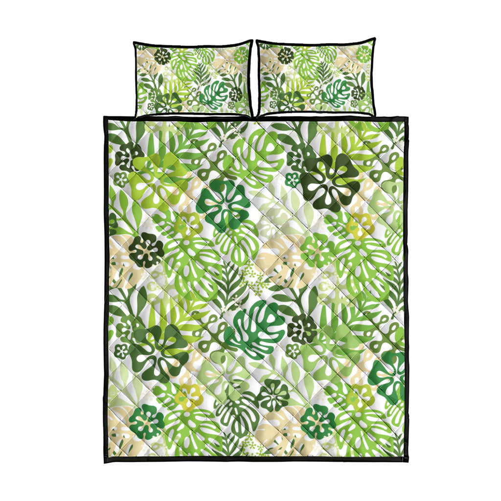 Green Aloha Hawaiian Quilt Bed Set Monstera Hibiscus Tropical Pattern