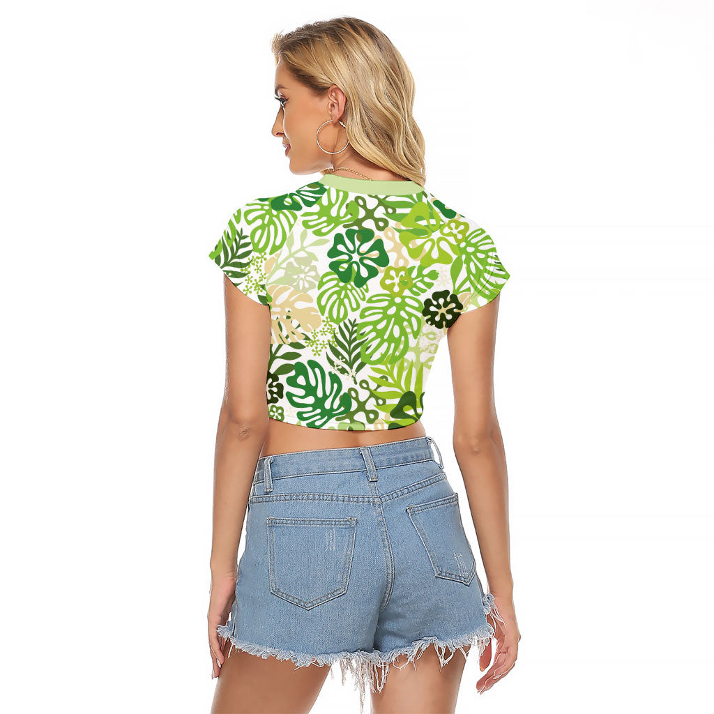 Green Aloha Hawaiian Raglan Cropped T Shirt Monstera Hibiscus Tropical Pattern