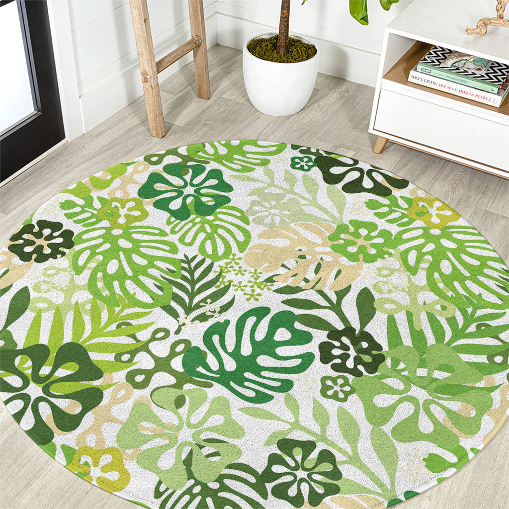 Green Aloha Hawaiian Round Carpet Monstera Hibiscus Tropical Pattern