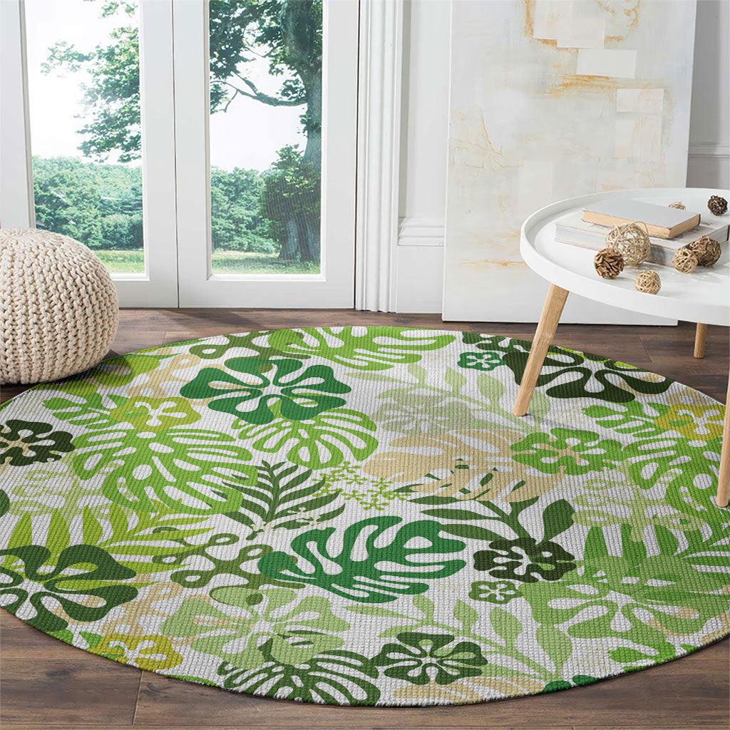Green Aloha Hawaiian Round Carpet Monstera Hibiscus Tropical Pattern