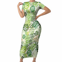 Green Aloha Hawaiian Short Sleeve Bodycon Dress Monstera Hibiscus Tropical Pattern