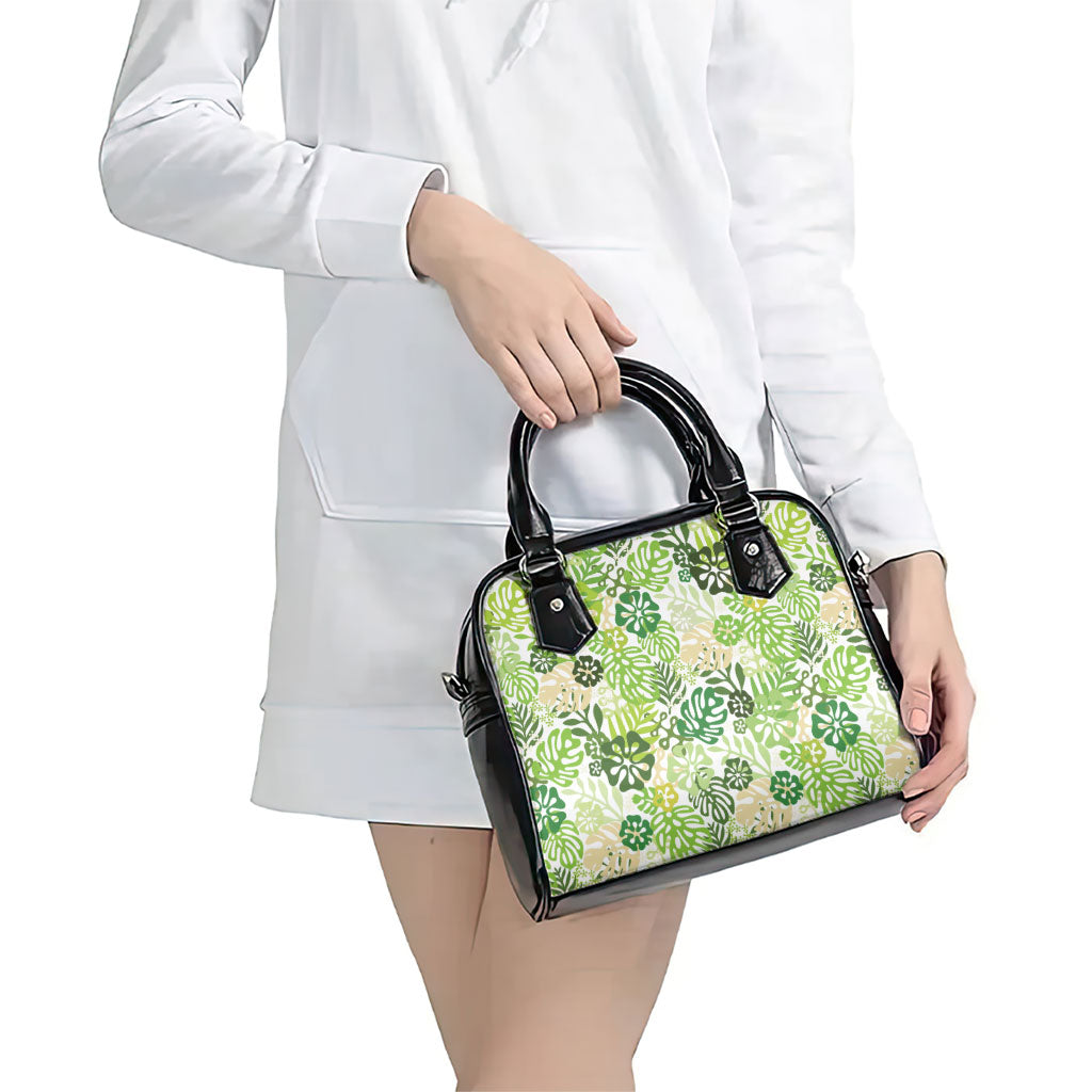 Green Aloha Hawaiian Shoulder Handbag Monstera Hibiscus Tropical Pattern