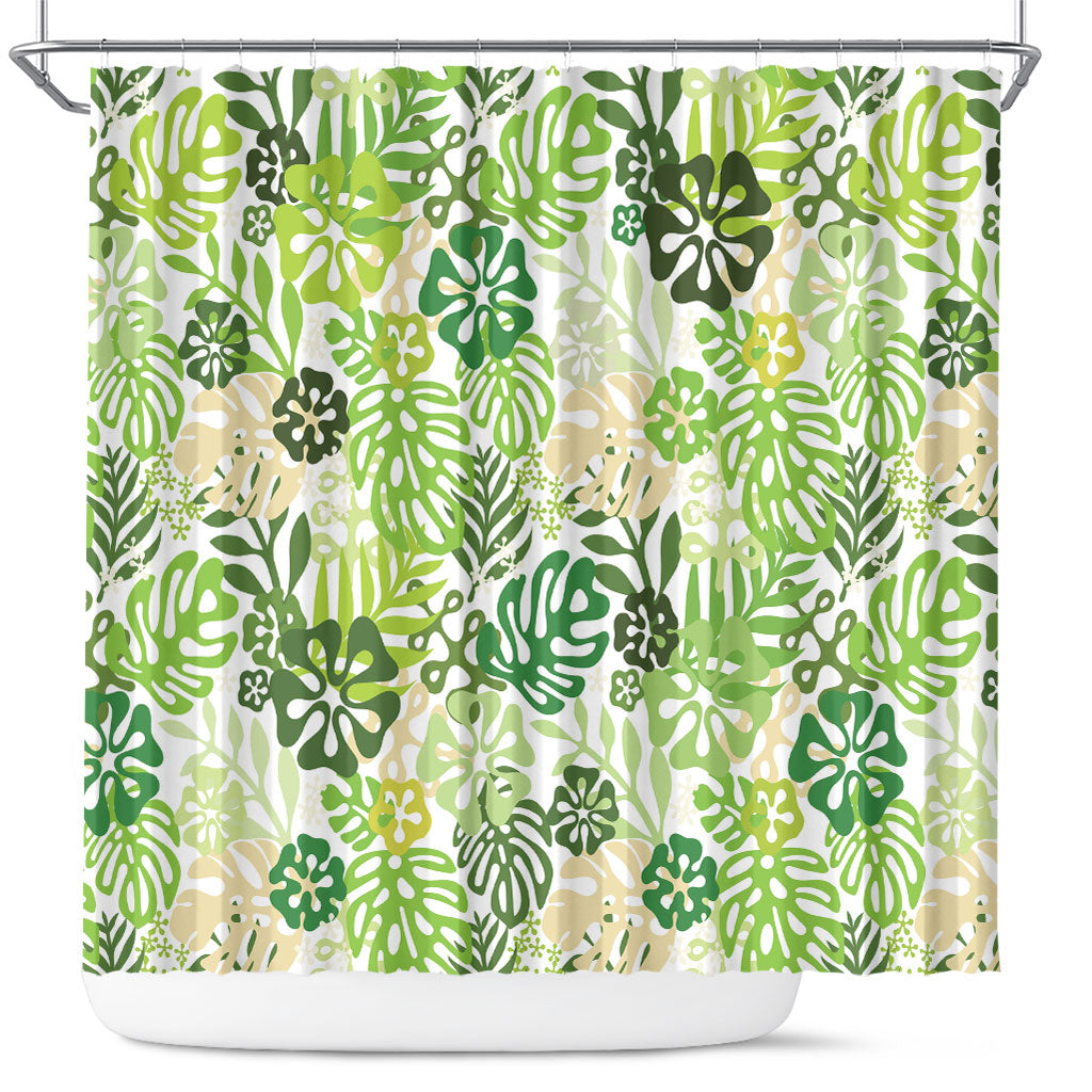 Green Aloha Hawaiian Shower Curtain Monstera Hibiscus Tropical Pattern
