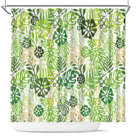 Green Aloha Hawaiian Shower Curtain Monstera Hibiscus Tropical Pattern