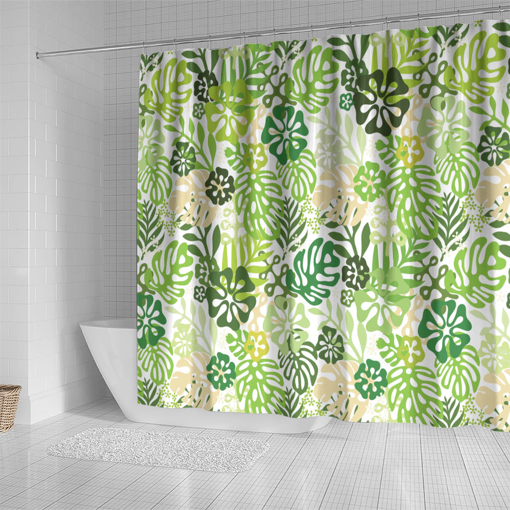 Green Aloha Hawaiian Shower Curtain Monstera Hibiscus Tropical Pattern