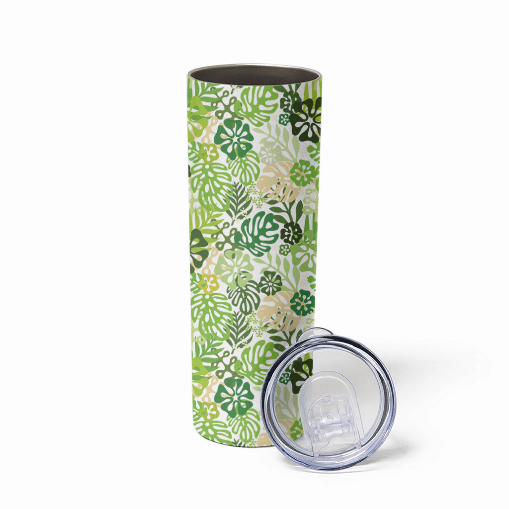 Green Aloha Hawaiian Skinny Tumbler Monstera Hibiscus Tropical Pattern