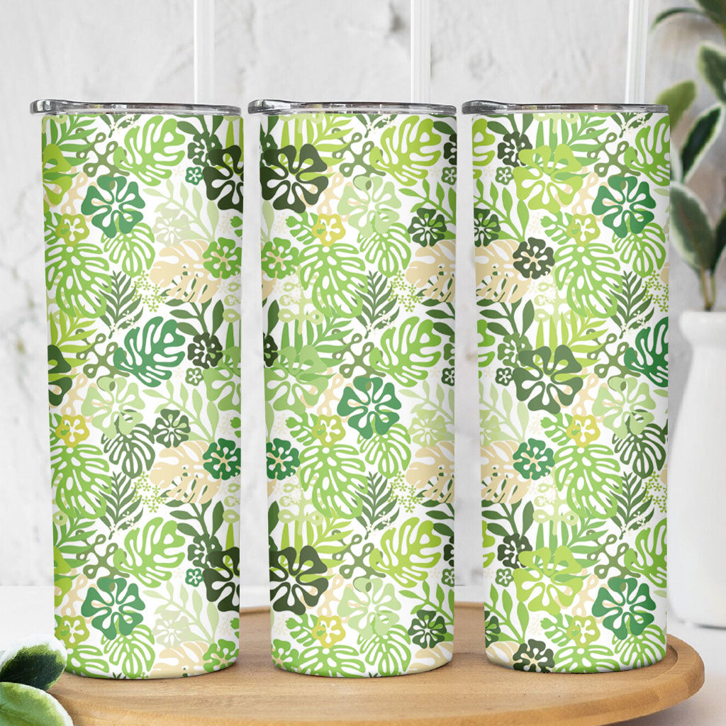 Green Aloha Hawaiian Skinny Tumbler Monstera Hibiscus Tropical Pattern