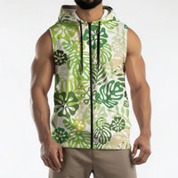 Green Aloha Hawaiian Sleeveless Zip Hoodie Monstera Hibiscus Tropical Pattern