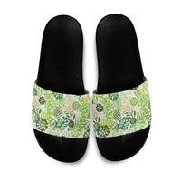 Green Aloha Hawaiian Slide Sandals Monstera Hibiscus Tropical Pattern