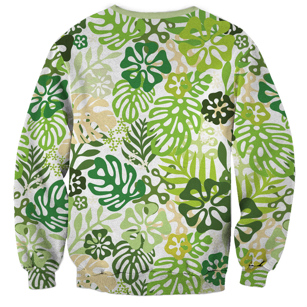 Green Aloha Hawaiian Sweatshirt Monstera Hibiscus Tropical Pattern
