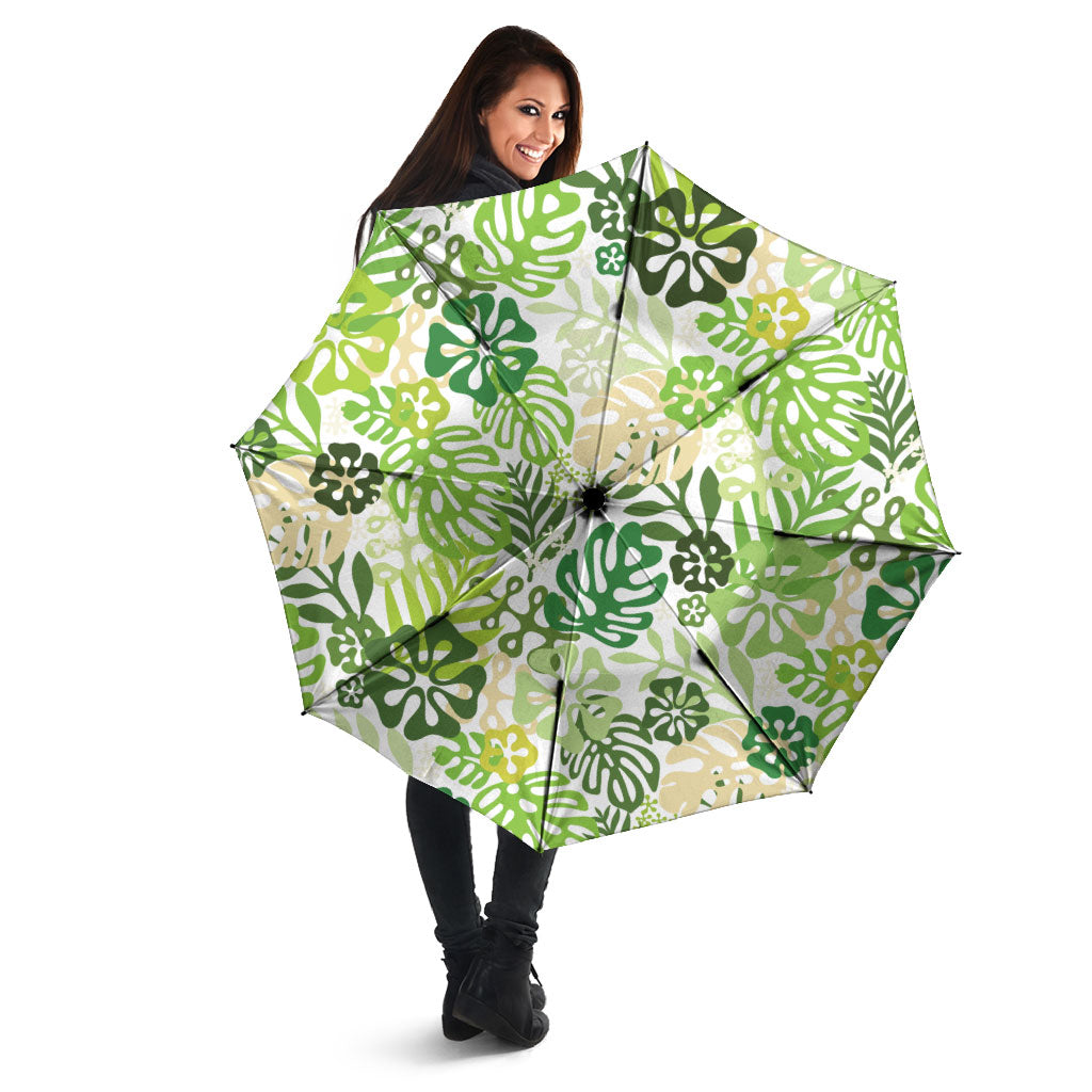 Green Aloha Hawaiian Umbrella Monstera Hibiscus Tropical Pattern