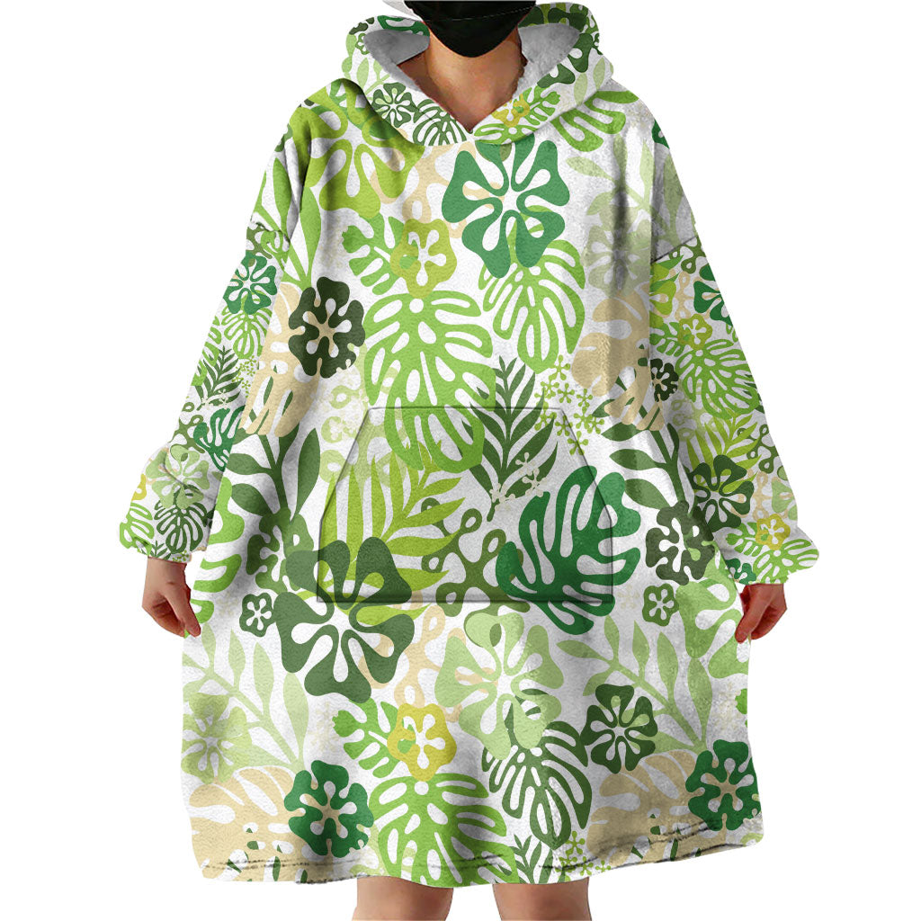 Green Aloha Hawaiian Wearable Blanket Hoodie Monstera Hibiscus Tropical Pattern