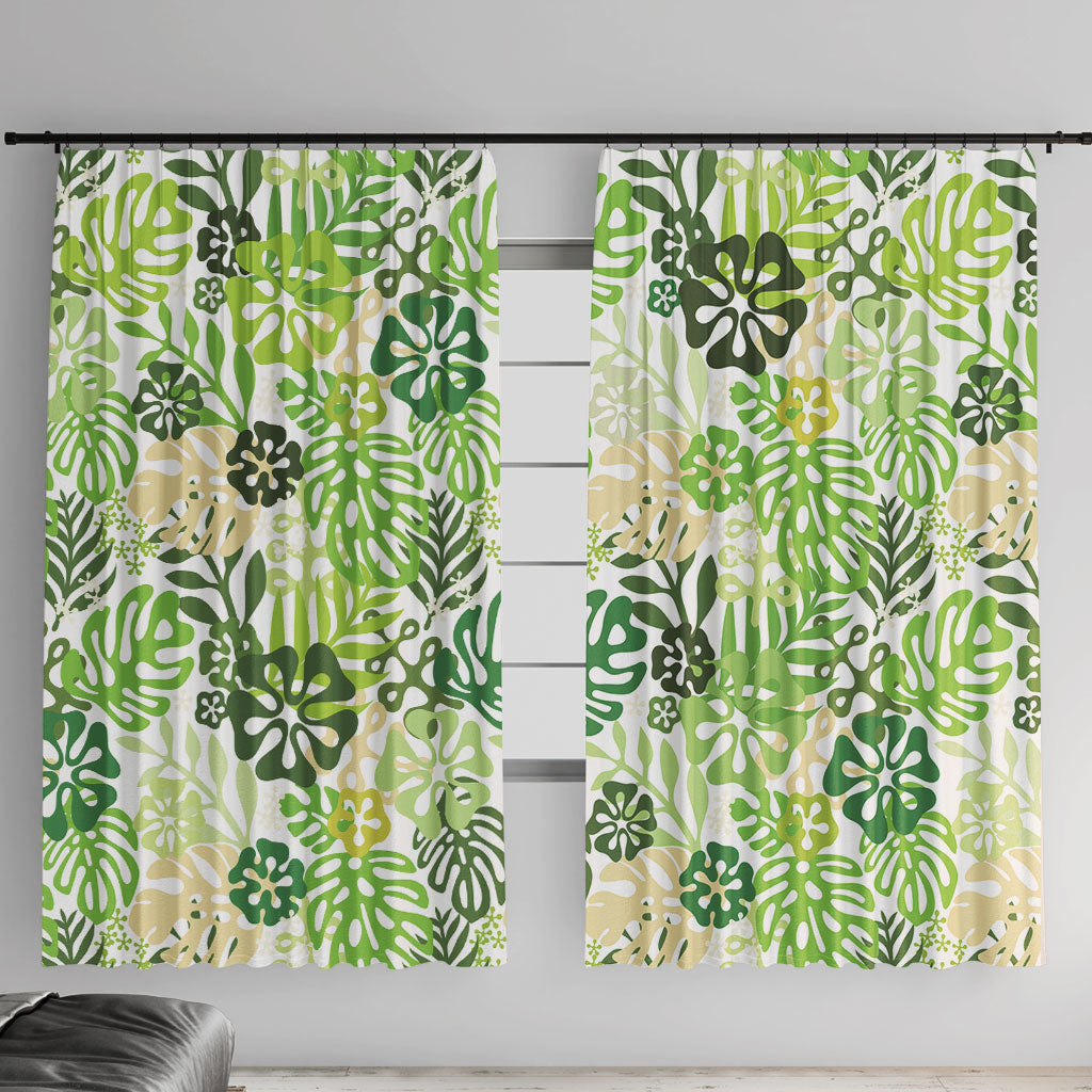 Green Aloha Hawaiian Window Curtain Monstera Hibiscus Tropical Pattern