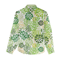 Green Aloha Hawaiian Women Casual Shirt Monstera Hibiscus Tropical Pattern