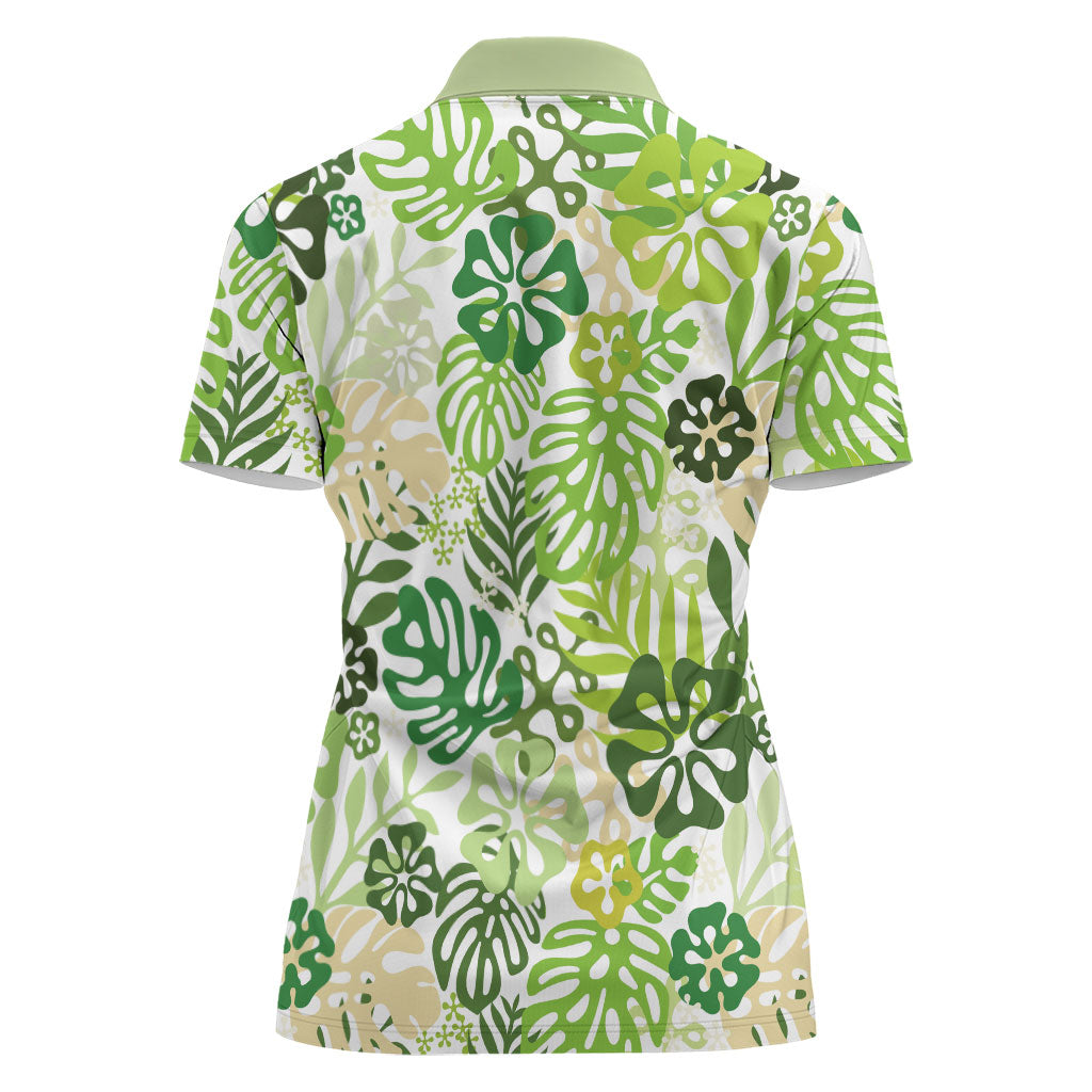 Green Aloha Hawaiian Women Polo Shirt Monstera Hibiscus Tropical Pattern